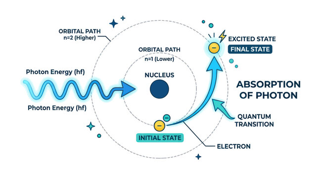 Atomic model showing absorption of photon and quantum transition