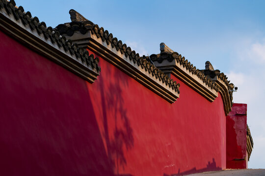 Red Temple Walls and Ornate Roof Tiles at Lushan, Jiangxi, China