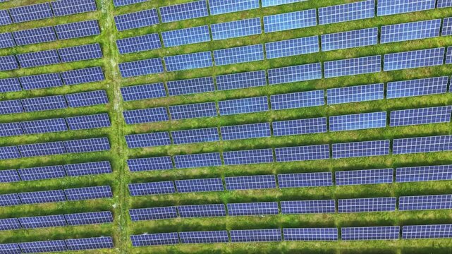 Aerial view solar panel landscape with intermixed grass corridors, ecological margins and checkerboard pattern, technicians monitoring biodiversity, trackers