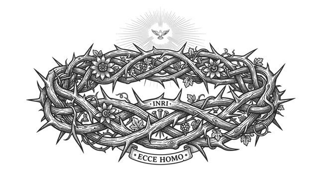 Crown of thorns with holy spirit dove and latin religious text