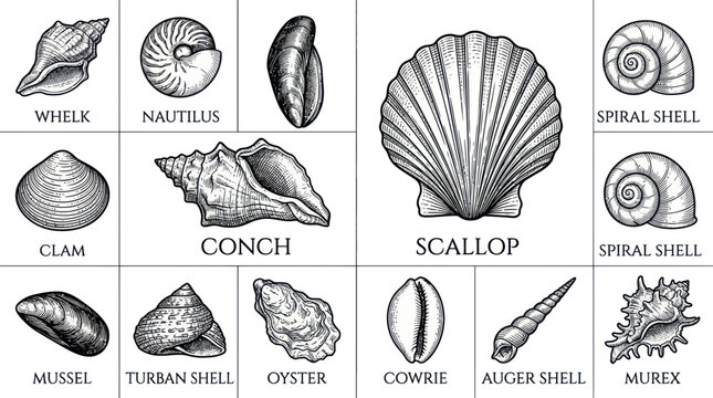 Vintage hand-drawn seashell collection including scallop and conch