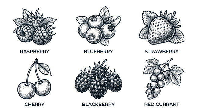 Vintage hand drawn berry collection with labels and leaves