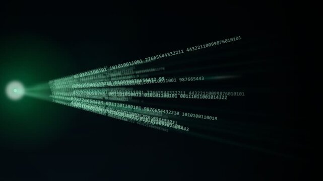 Green light emitting streams of binary code and numerical sequences, flowing from a glowing point into darkness for network data streams and information flow.