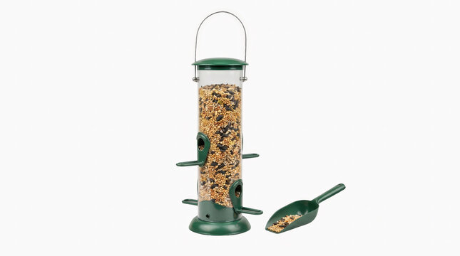 Colorful birdseed dispenser with scoop for outdoor feeding