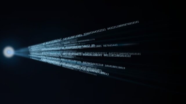 Streaming data flow of numbers emerging from a glowing blue light source in darkness. Information transfer, binary sequences, network connectivity, computing.
