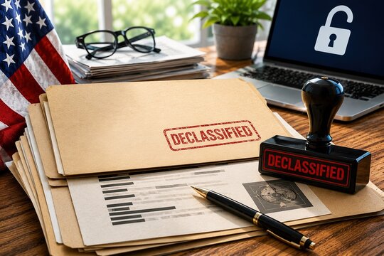 Documentos desclasificados sobre escritorio de oficina con sello rojo declassified, acceso a informaci&oacute;n p&uacute;blica, transparencia gubernamental, archivos federales, seguridad y divulgaci&oacute;n