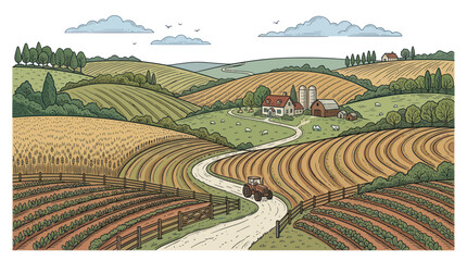 Rural farmland with tractor on winding road and farmhouse on hills © hejue