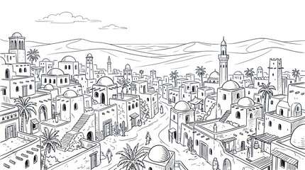 Ancient desert city landscape with domed buildings and palm trees © hejue
