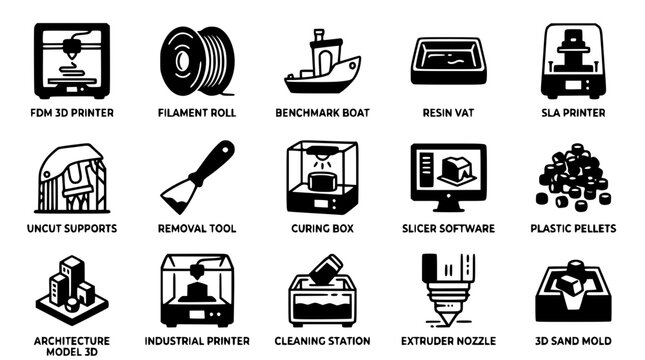 Vector graphic illustration of various 3D printing tools and equipment
