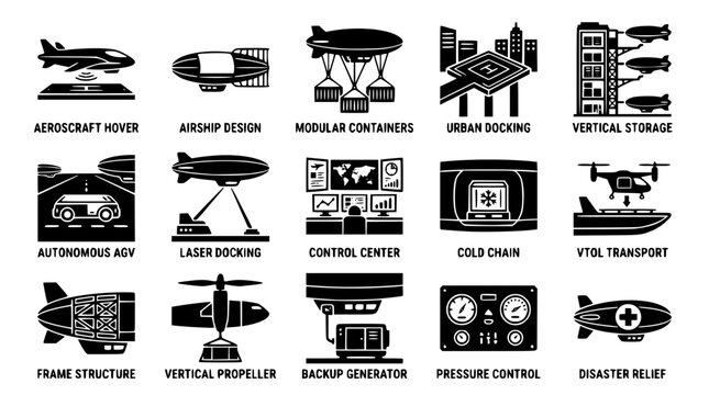 Vector graphic illustration of various futuristic transportation and technology concepts