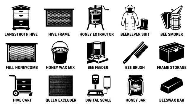 Black and white vector illustration of various beekeeping equipment designs