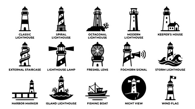 Various vector lighthouse designs and nautical symbols illustrated in black