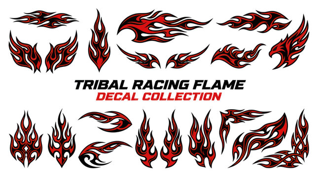 Red and black tribal racing flame decal set for vehicle graphics