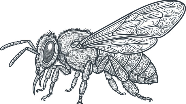 Decorative honey bee with intricate mandala style line art