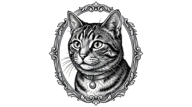 Tabby cat portrait inside an ornate decorative oval frame