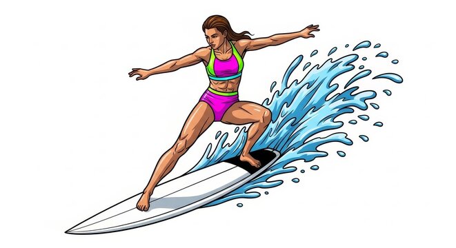 Sports - Muscular Female Surfer Riding Ocean Wave on White Surfboard in Pink and Green Bikini Illustration