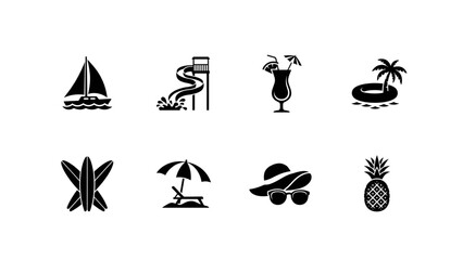 Fototapeta premium Set of eight black and white vacation and travel activity icons Vector