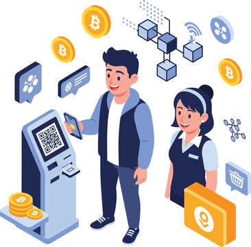 Man and woman interacting with cryptocurrency ATM and mobile payment, digital currency concept, suitable for finance apps, e-commerce and blockchain technology marketing.