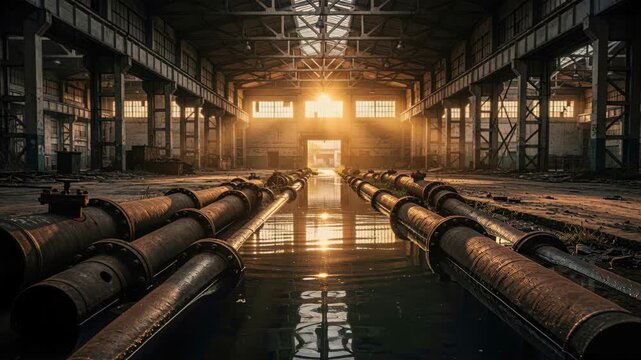 Abandoned Industrial Hall: A vast, empty industrial hall with rows of large pipes, illuminated by the warm, dramatic light of the setting sun streaming through the large arched windows.