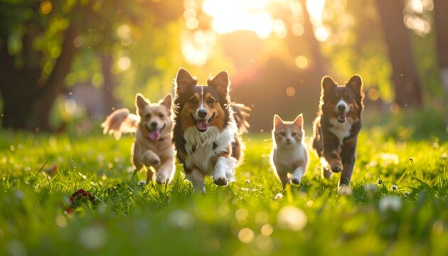 Four pets of different species happily run towards the camera in a sunny park