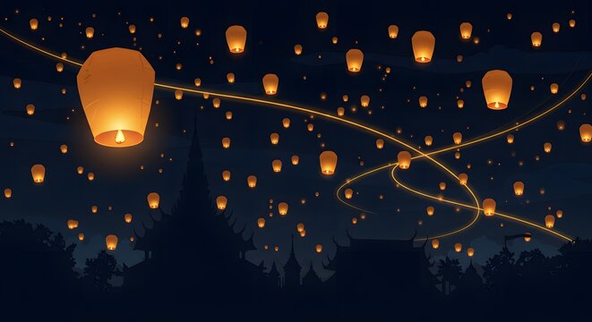 Night Sky Filled with Floating Lanterns Over Traditional Temple Silhouettes