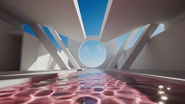 Futuristic Architectural Pool Hallway with Neon Blue Accents and Circular Portal Window