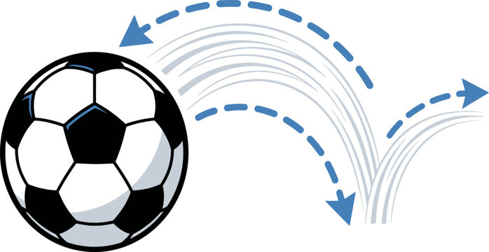 Soccer ball vector with motion lines and blue arrows, football trajectory and bounce movement graphic, sports coaching diagram element