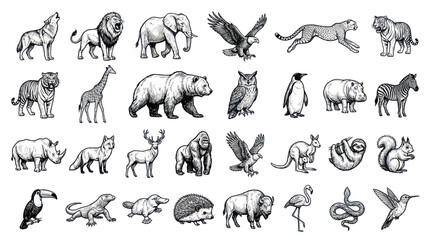 Obraz premium Wild animal sketches collection featuring safari and forest wildlife