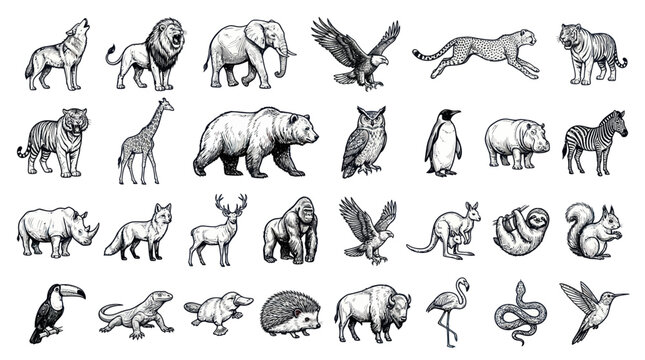 Wild animal sketches collection featuring safari and forest wildlife