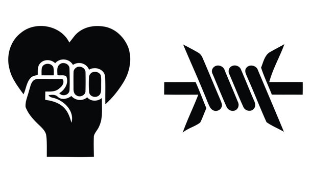 Black Silhouette Of A Heart Shaped Fist And Barbed Wire Isolated On A White Background affection agitation alarm anguish anxiety arms