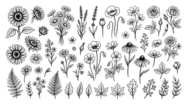 Hand drawn botanical collection of flowers and leaves