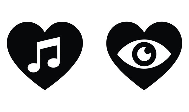 Two black heart shaped icons featuring a musical note and an eye set against a white background aesthetic art concept creation