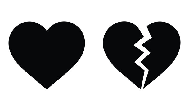 Black heart shape and broken heart silhouette against a white background representing love and loss affection amorous anatomy cardiac care concept