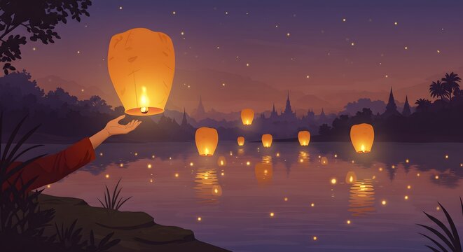 Serene Night Sky with Floating Lanterns Over Water Scene in Twilight