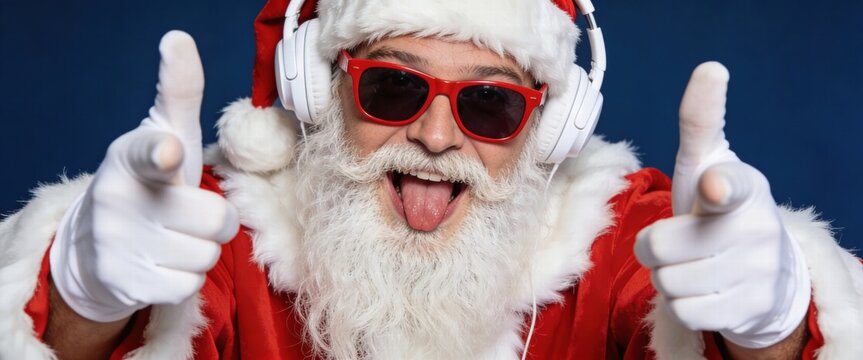 Jolly Santa Claus Wearing Headphones and Sunglasses Giving Thumbs Up