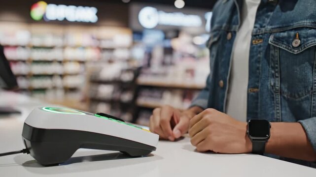 A person uses a contactless payment terminal in a store. The scene represents modern digital transactions and convenience. Great for business, retail, and technology concepts.