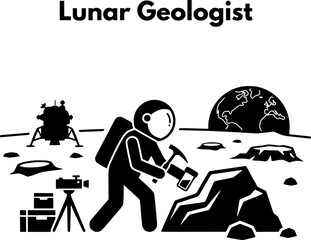 Astronaut geologist collecting rock sample on moon surface with lander vector icon © pixsu