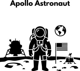 Astronaut standing on moon surface with lunar lander module and flag vector icon © pixsu