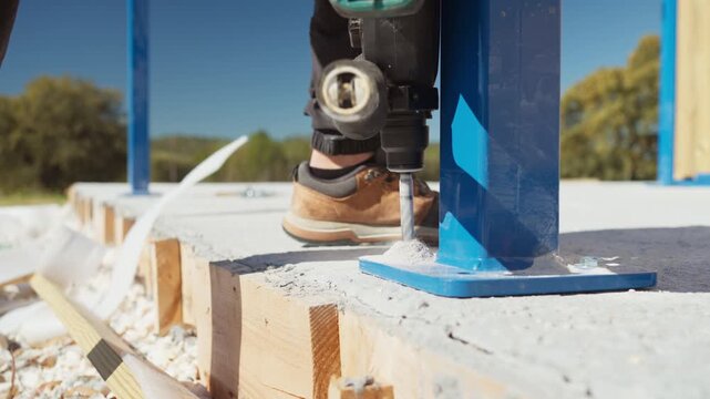 Workers use a drill to secure metal supports to wooden planks on a construction site during daylight hours. Tools and materials are visible on the ground.