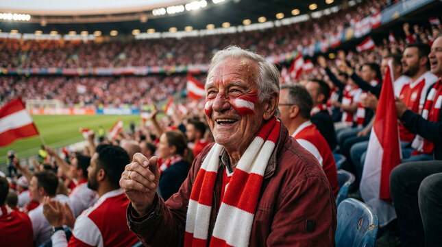 Elderly man with Austrian flag face paint and scarf cheering at a football match in a crowded stadium