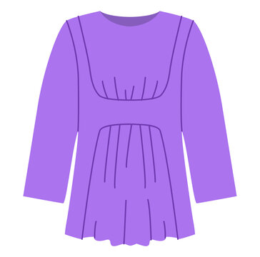 Purple empire waist top with long sleeves, gathered underbust seam and loose flowing silhouette. Technical fashion illustration front view in flat color, modern clothing template. Vector