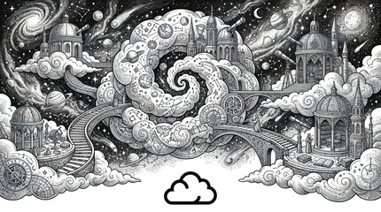 Intricate celestial observatory city floating in a cosmic dreamscape © Hijau