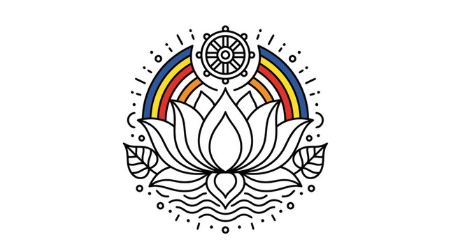 Lotus flower with rainbow and dharma wheel spiritual emblem