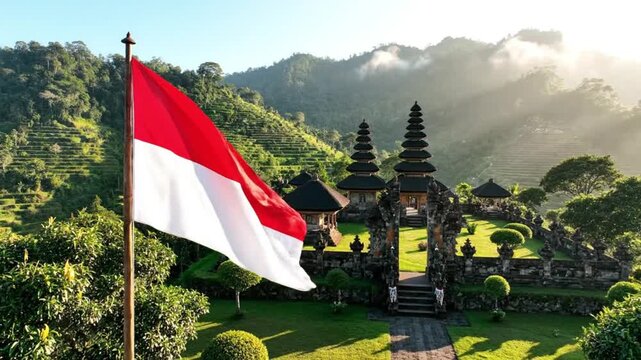 Indonesian Flag Waving at Sunrise with Balinese Temple and Mountains