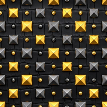 Modern black and gold pyramid stud textured wall panel seamless pattern for architecture, interior wall tiles, textiles, and high-quality backdrop wallpaper