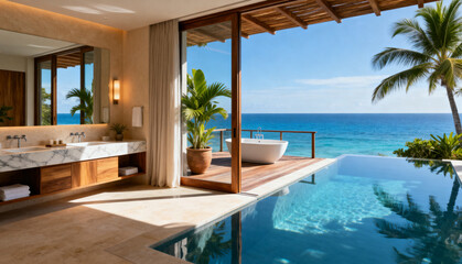 Fototapeta premium Tropical luxury bathroom with ocean view deck, infinity pool, and elegant natural accents
