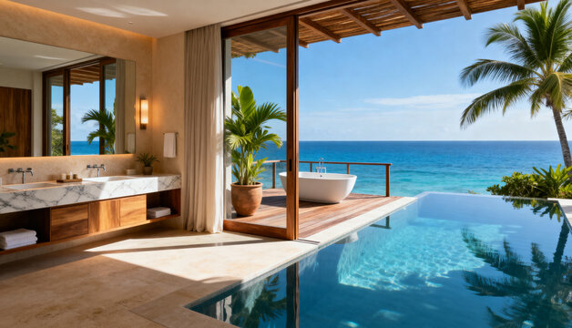Tropical luxury bathroom with ocean view deck, infinity pool, and elegant natural accents