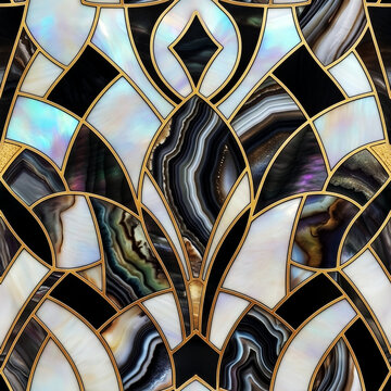 Luxury mother of pearl and black marble geometric mosaic sheet seamless pattern for architecture, interior wall tiles, textiles, and high-quality backdrop wallpaper