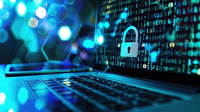 Cybersecurity Concept: Laptop Displaying a Padlock Icon Amid Neon Binary Code Streams
