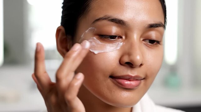 A young woman gently applies white moisturizer under her eyes. This scene represents a daily skincare routine and beauty care. Ideal for wellness and cosmetic advertisements.